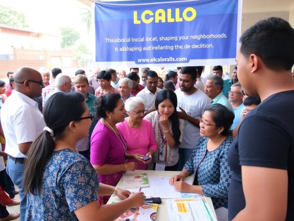 Oameni discutând la un eveniment electoral local.